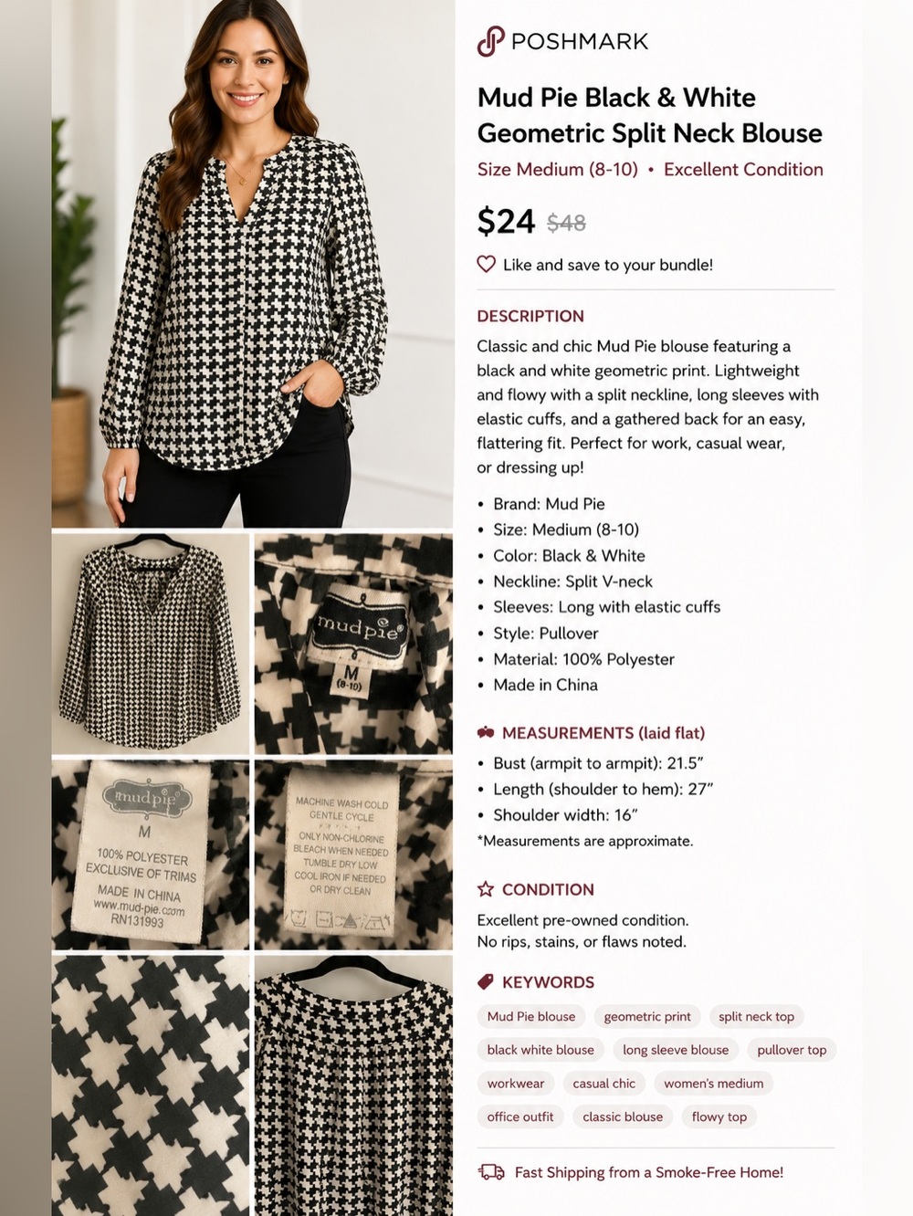 Mud Pie Black and White Geometric Print Top